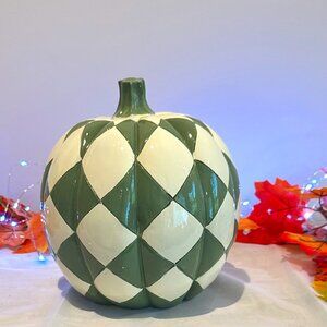 Halloween 7 inch ceramic green and white checker patten pumpkin